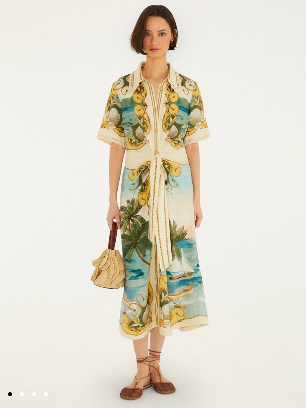 FARM Rio Royal Sea Gathered Waist Linen Midi Shirt Dress, NWT 🇧🇷